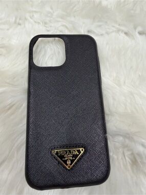 Prada Black Textured Leather Phone Case with Gold Logo Plaque